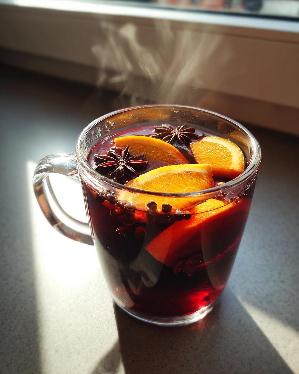 Dampfender Gl&uuml;hwein mit Orangenscheiben und Sternanis, typisch f&uuml;r europ&auml;ische Weihnachtsm&auml;rkte.