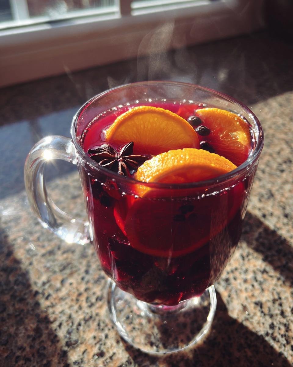 Nahaufnahme von dampfendem Gl&uuml;hwein mit Orangenscheiben und Sternanis, typisch f&uuml;r Europ&auml;ische Weihnachtsm&auml;rkte.