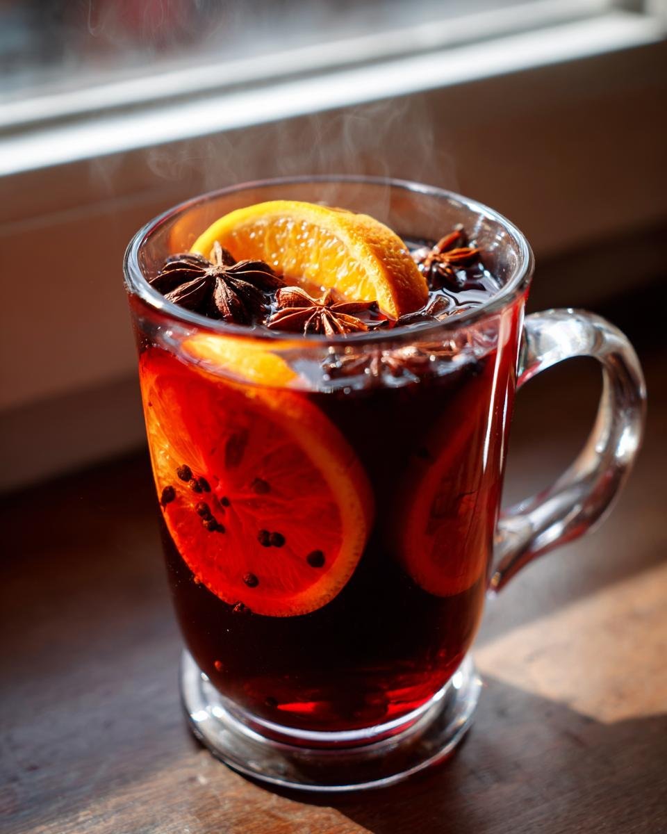 Dampfender Gl&uuml;hwein mit Orangenscheiben und Sternanis, typisch f&uuml;r Europ&auml;ische Weihnachtsm&auml;rkte.