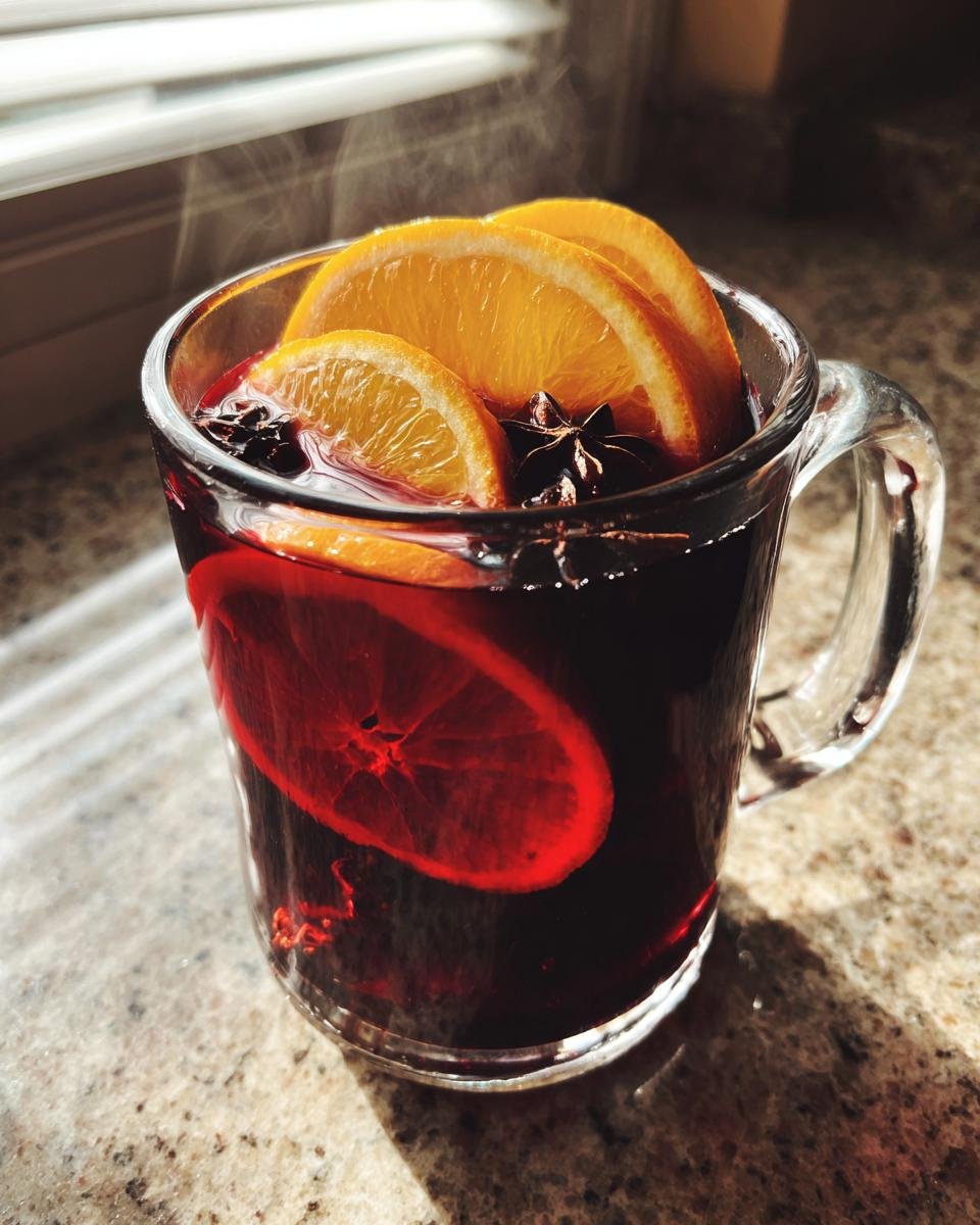 Nahaufnahme von dampfendem Gl&uuml;hwein mit Orangenscheiben und Sternanis, typisch f&uuml;r European Christmas Markets.