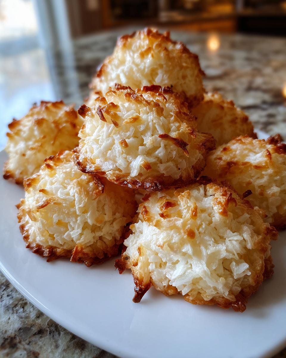 Nahaufnahme von saftigen Coconut Macaroons mit goldbraun gebackenen R&auml;ndern auf einem wei&szlig;en Teller.