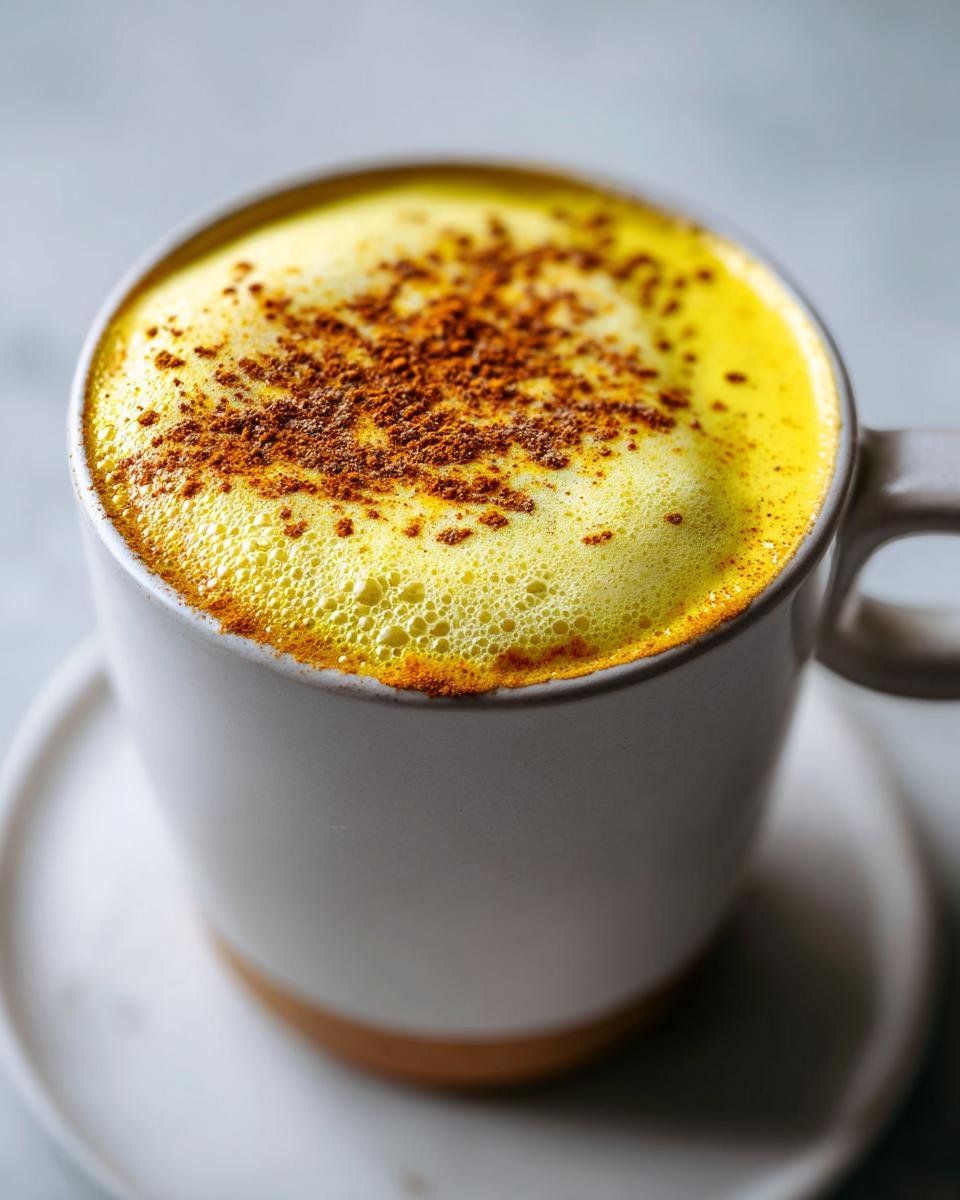 Nahaufnahme eines cremigen Golden Milk Latte mit leuchtend gelbem Schaum und Zimt bestreut.