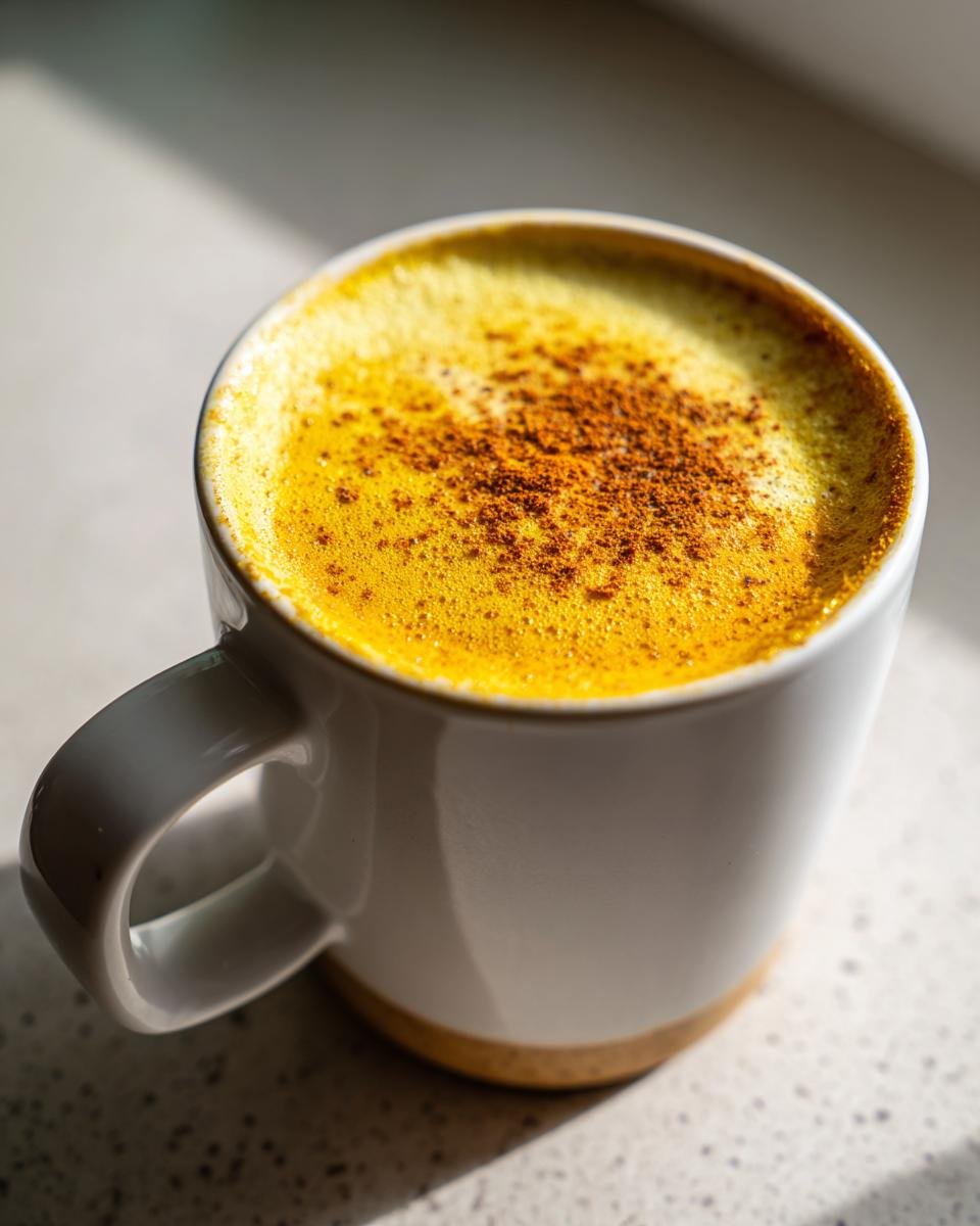 Nahaufnahme eines cremigen, gelben Golden Milk Latte in einer wei&szlig;en Tasse, bestreut mit Zimt.