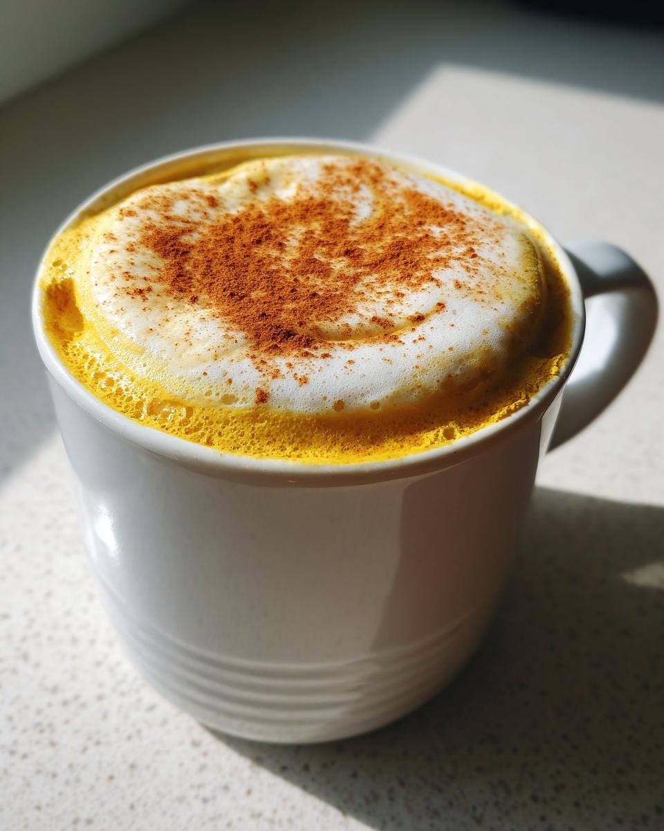 Nahaufnahme eines cremigen Golden Milk Latte in einer wei&szlig;en Tasse, bestreut mit Zimt.