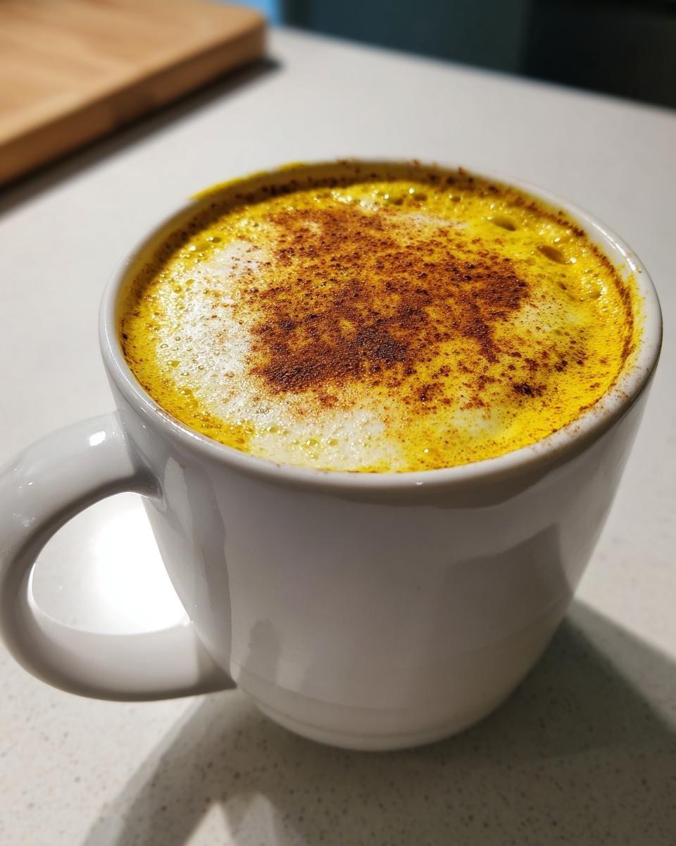 Nahaufnahme eines cremigen Golden Milk Latte in einer wei&szlig;en Tasse, bestreut mit Zimt.