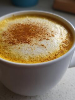 Nahaufnahme eines cremigen Golden Milk Latte in einer weißen Tasse, bestreut mit Zimt.