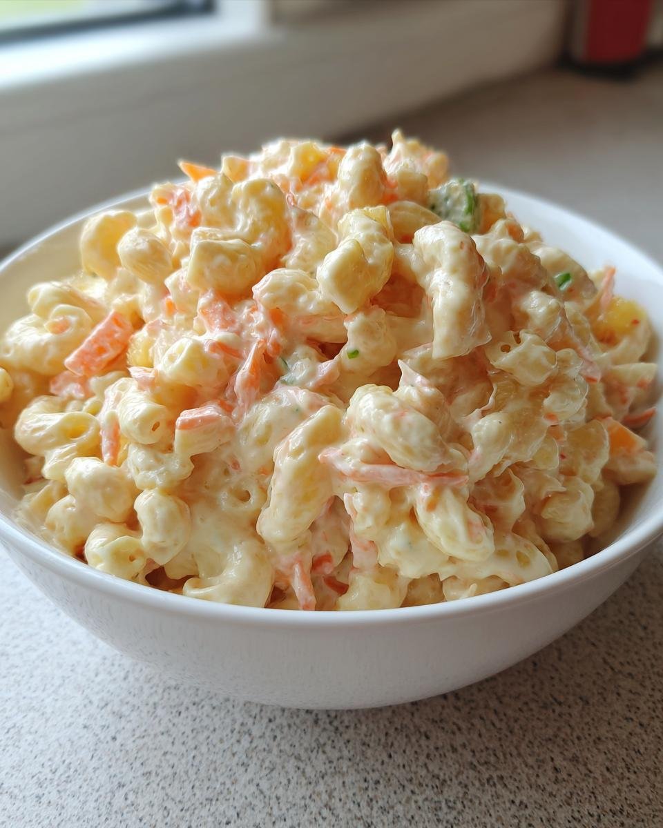 Nahaufnahme von cremiger Hawaiian Macaroni Salad mit sichtbaren Karottenstücken in einer weißen Schüssel.