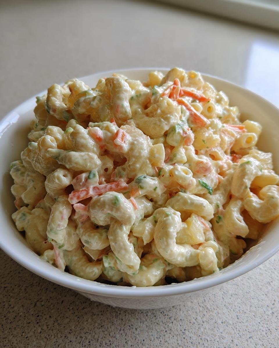 Nahaufnahme einer Schüssel cremiger Hawaiian Macaroni Salad mit Makkaroni, Karottenstreifen und Kräutern.