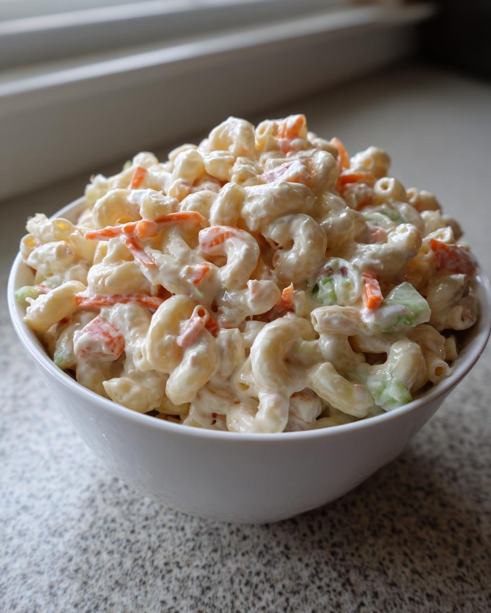 Nahaufnahme von cremiger Hawaiian Macaroni Salad mit Makkaroni, Karottenstücken und Sellerie in einer weißen Schüssel.