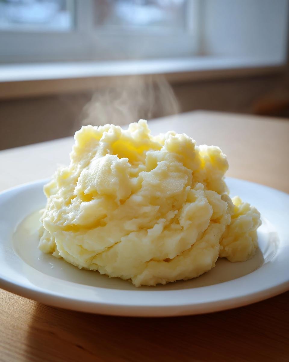 Ein Teller mit dampfenden, cremigen Freezer Mashed Potatoes auf einem Holztisch.