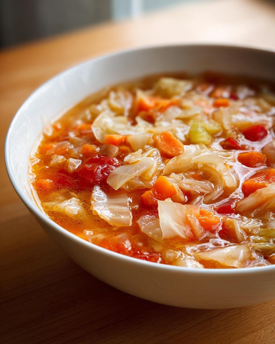 Nahaufnahme einer Schüssel mit herzhafter Cabbage Soup, gefüllt mit Kohlstücken, Karotten und Tomaten.