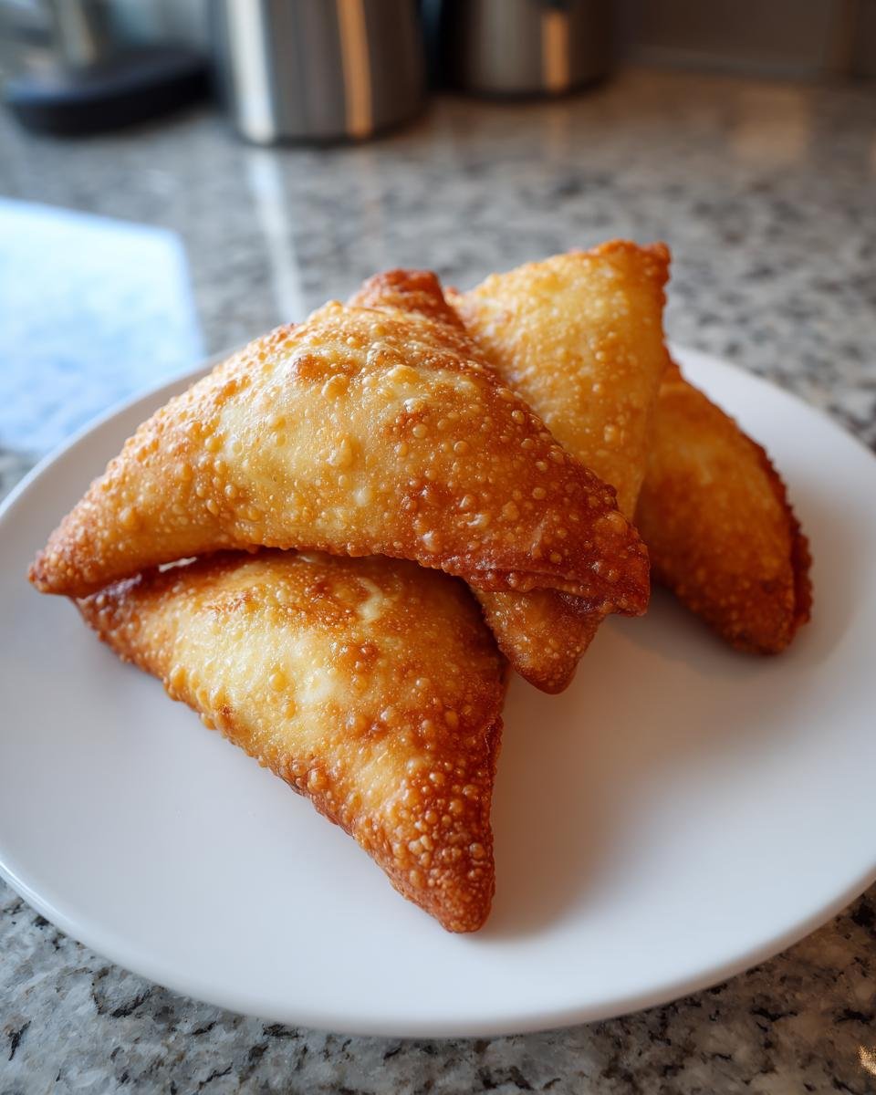 Nahaufnahme von vier goldbraun frittierten Homemade Samosas auf einem wei&szlig;en Teller.