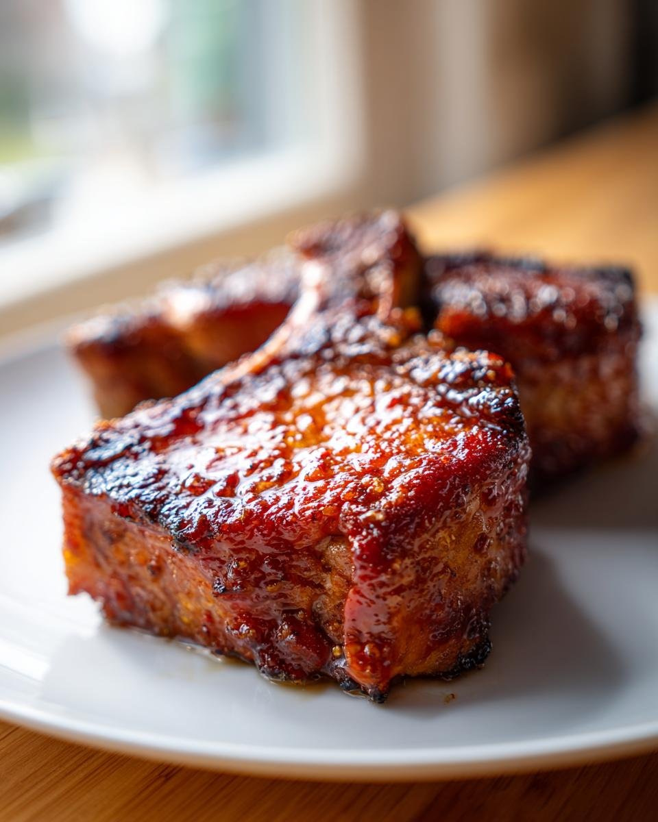 Nahaufnahme von saftigen Honey Garlic Baked Pork Chops mit gl&auml;nzender, karamellisierter Glasur auf einem wei&szlig;en Teller.