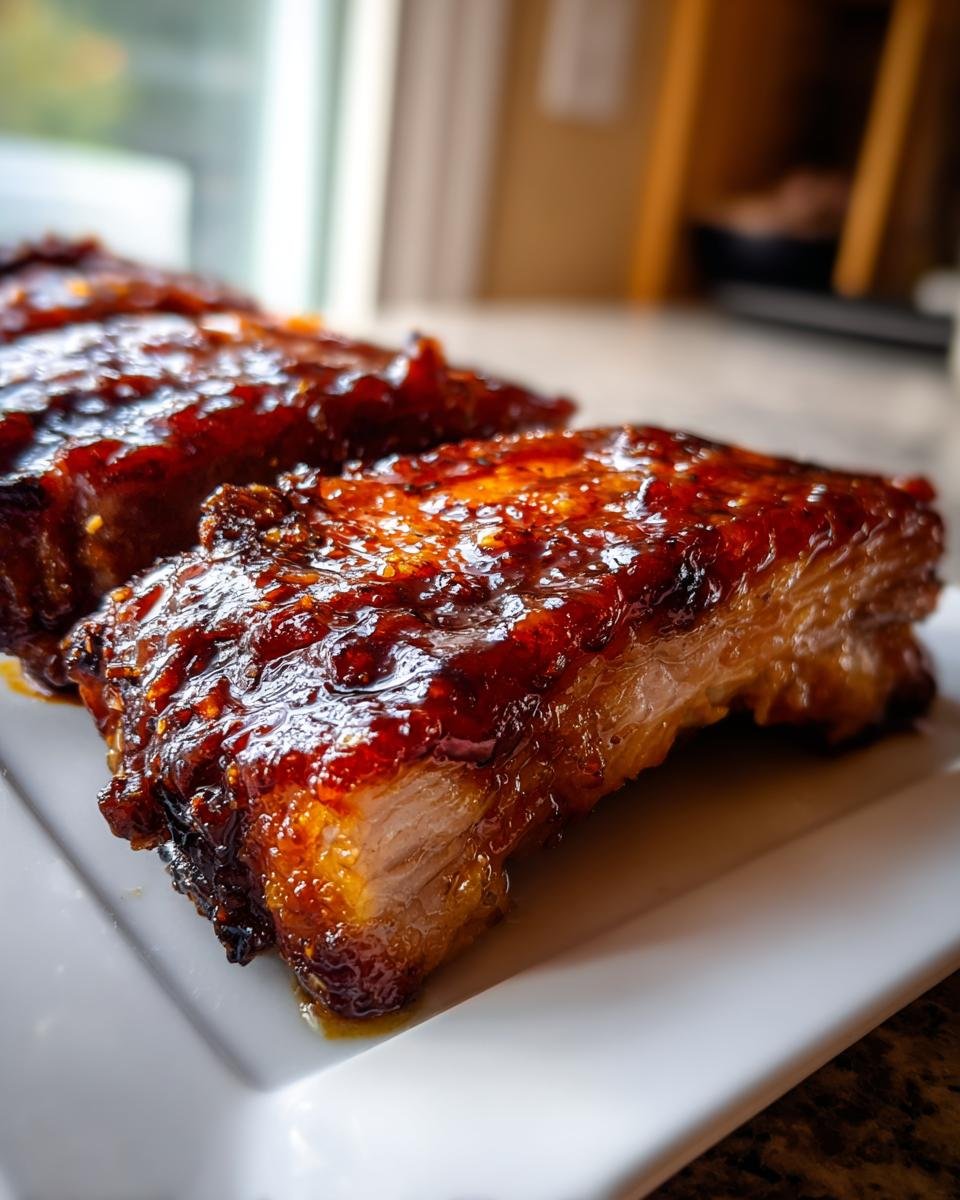 Nahaufnahme von saftigen Honey Garlic Baked Pork Chops mit gl&auml;nzender, karamellisierter Glasur auf einem wei&szlig;en Teller.