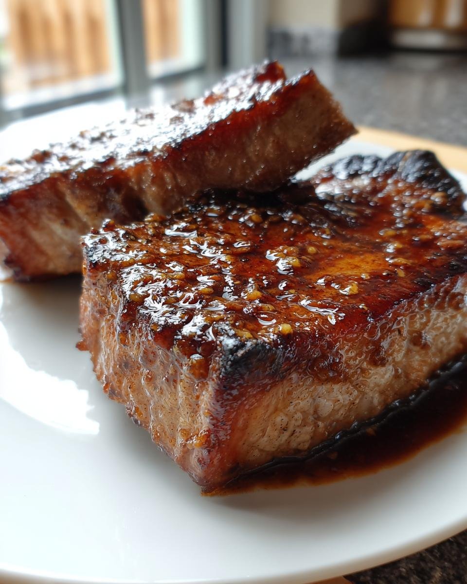 Zwei saftige Honig-Knoblauch Schweinekoteletts mit gl&auml;nzender Glasur auf einem wei&szlig;en Teller.