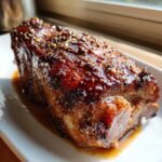 Nahaufnahme eines saftigen, glasierten Honig-Knoblauch Schweinekoteletts mit Gew&uuml;rzkruste.