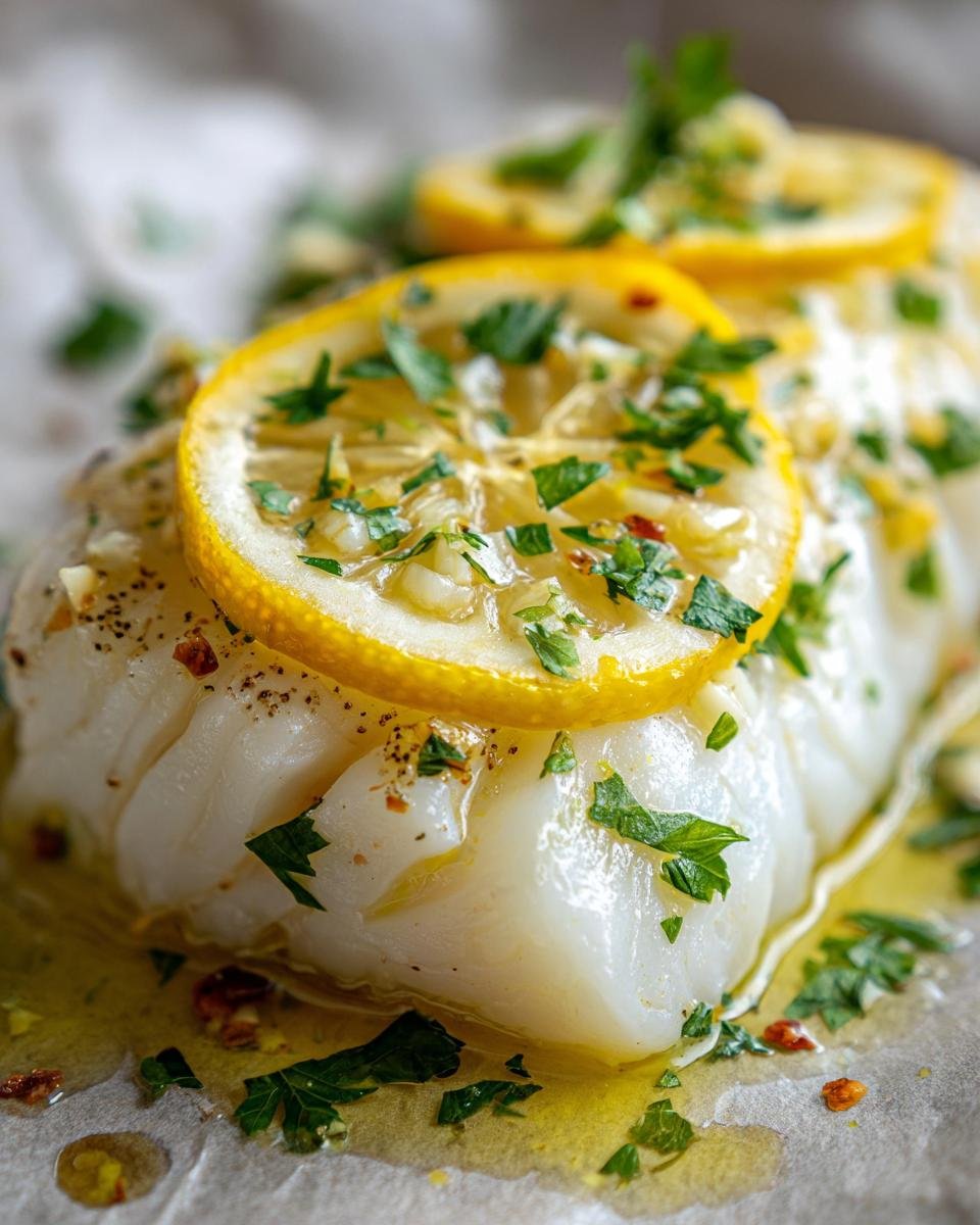 Nahaufnahme eines rohen Kabeljaufilets, mariniert mit &Ouml;l, Zitrone und Petersilie, bereit f&uuml;r das Beste Gebackene Kabeljau.