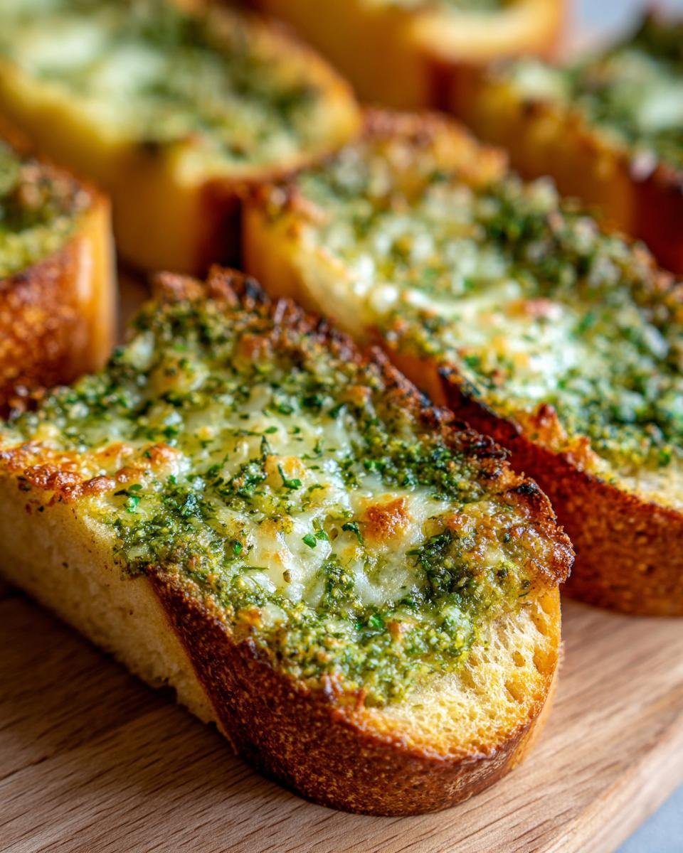 Goldbraun gebackene Scheiben K&auml;siges Pesto Knoblauchbrot mit geschmolzenem K&auml;se und gr&uuml;ner Pesto-Kr&auml;uter-Mischung.