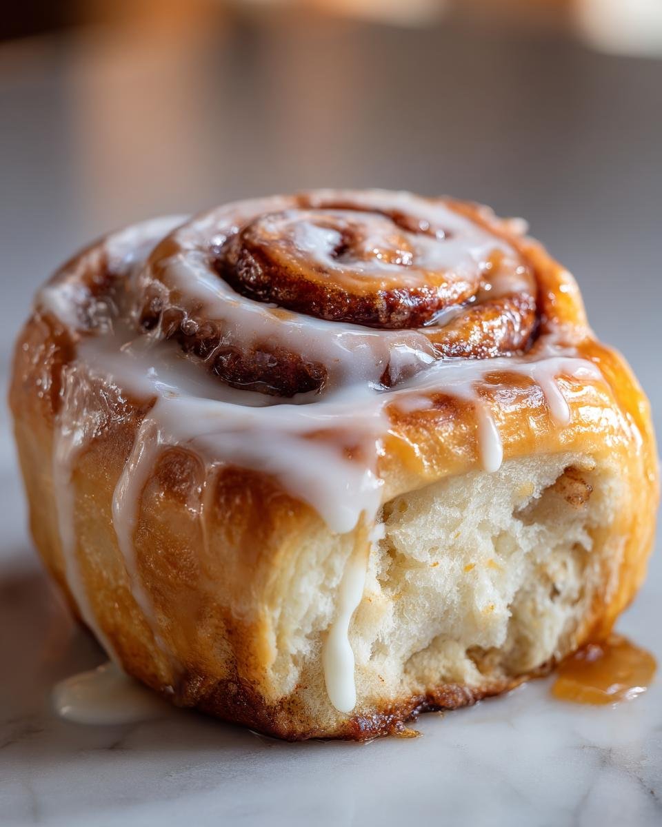 Nahaufnahme eines weichen, gebackenen Caramel Sweet Rolls, der mit wei&szlig;em Zuckerguss bedeckt ist und einen Bissen fehlt.
