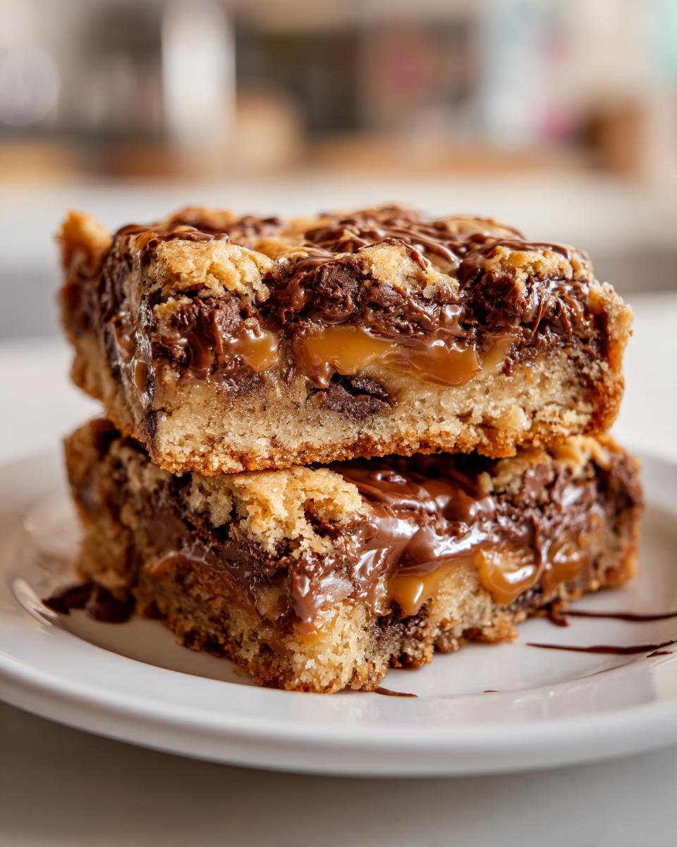 Zwei gestapelte, klebrige Carmelitas mit Schokolade und fl&uuml;ssigem Karamell auf einem wei&szlig;en Teller.