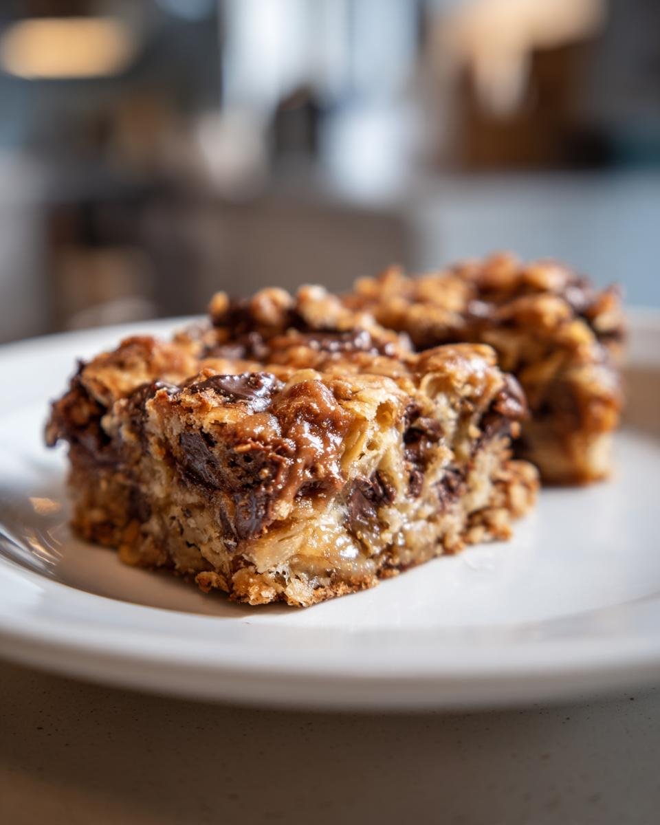 Nahaufnahme von klebrigen Carmelitas mit Schokoladenst&uuml;ckchen und Karamell auf einem wei&szlig;en Teller.