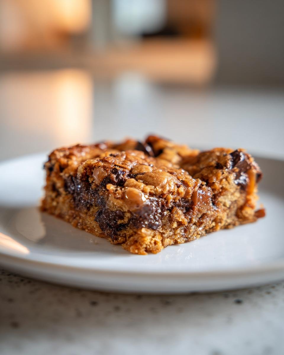 Nahaufnahme eines klebrigen Carmelitas-Riegels mit geschmolzener Schokolade und Karamell auf einem wei&szlig;en Teller.