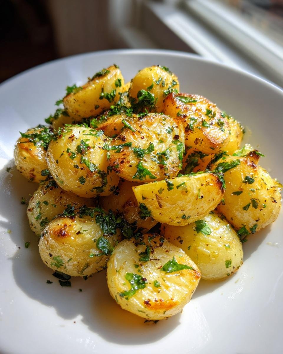 Ger&ouml;stete Pastinaken in Knoblauchbutter, garniert mit Petersilie, in einer wei&szlig;en Schale.