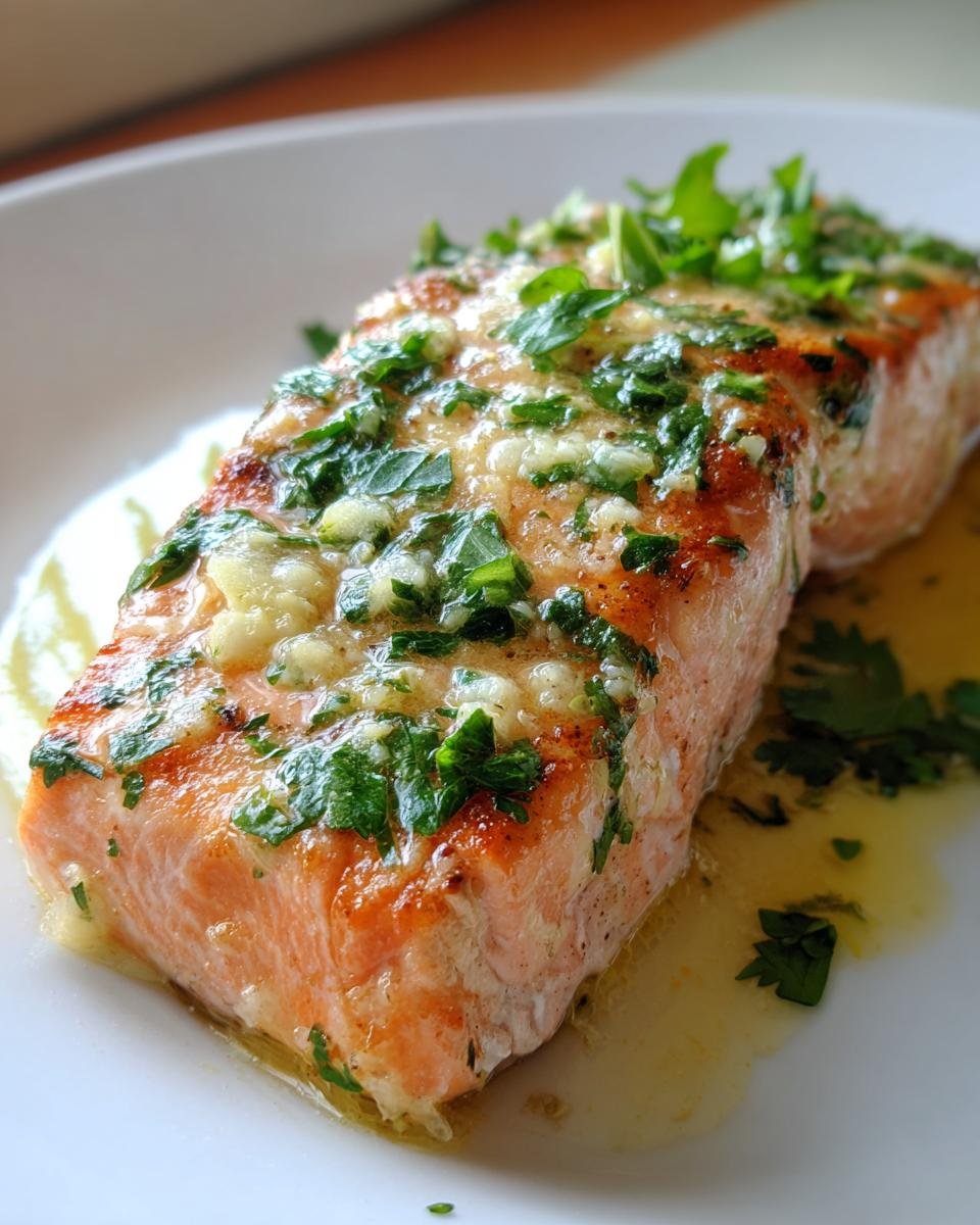 Saftiges St&uuml;ck Knoblauchbutter Gebackenen Lachs mit Petersilie auf einem wei&szlig;en Teller.