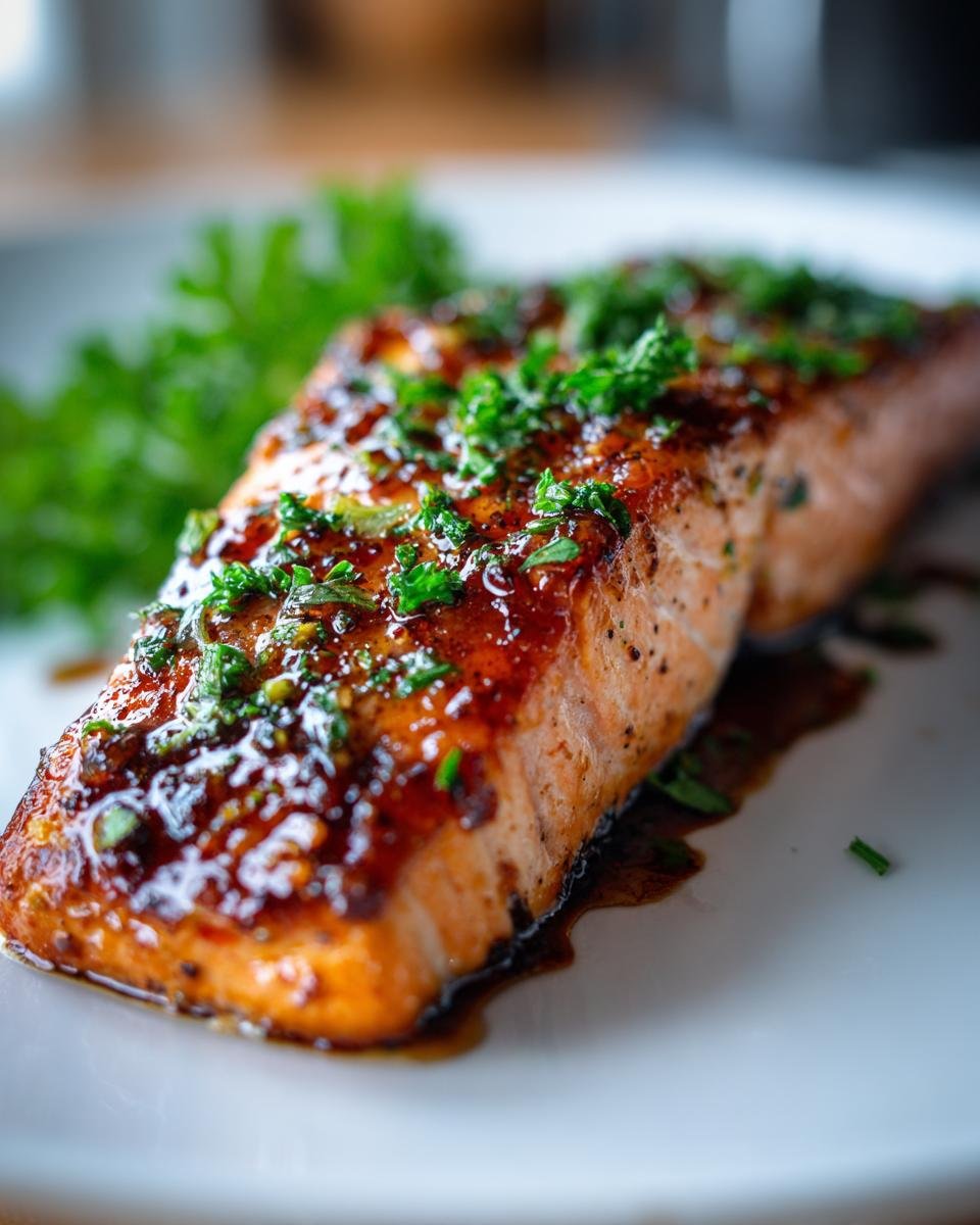 Nahaufnahme von saftigem Knoblauchbutter gebackenen Lachs, glasiert und mit Petersilie garniert.