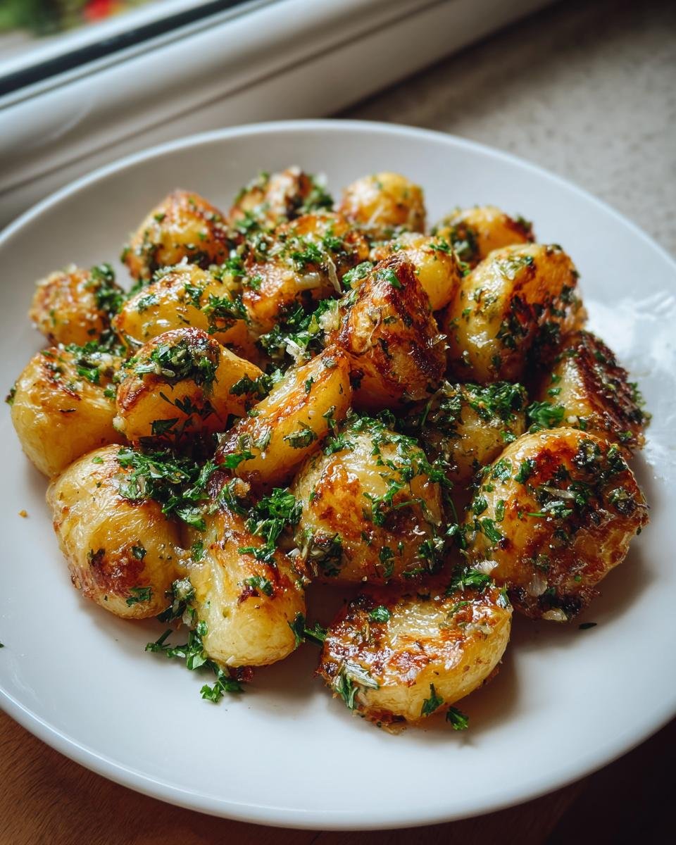 Ger&ouml;stete Pastinaken mit Knoblauchbutter und frischer Petersilie auf einem wei&szlig;en Teller.