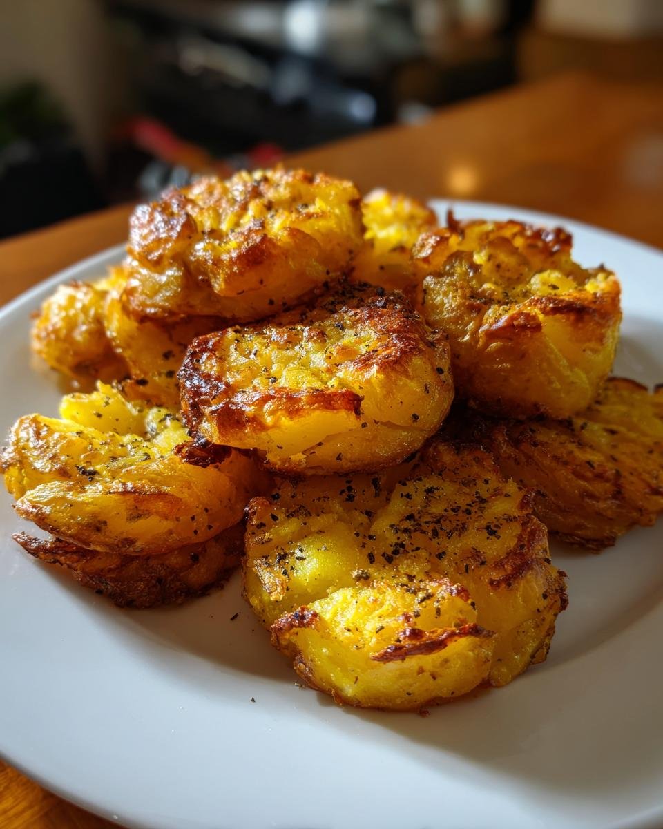Ein Haufen goldbrauner, knuspriger Air Fryer Smashed Potatoes, bestreut mit schwarzem Pfeffer.