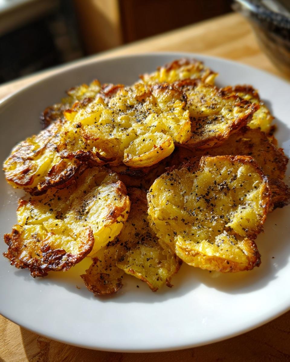 Nahaufnahme von knusprigen Air Fryer Smashed Potatoes, bestreut mit schwarzem Pfeffer auf einem wei&szlig;en Teller.
