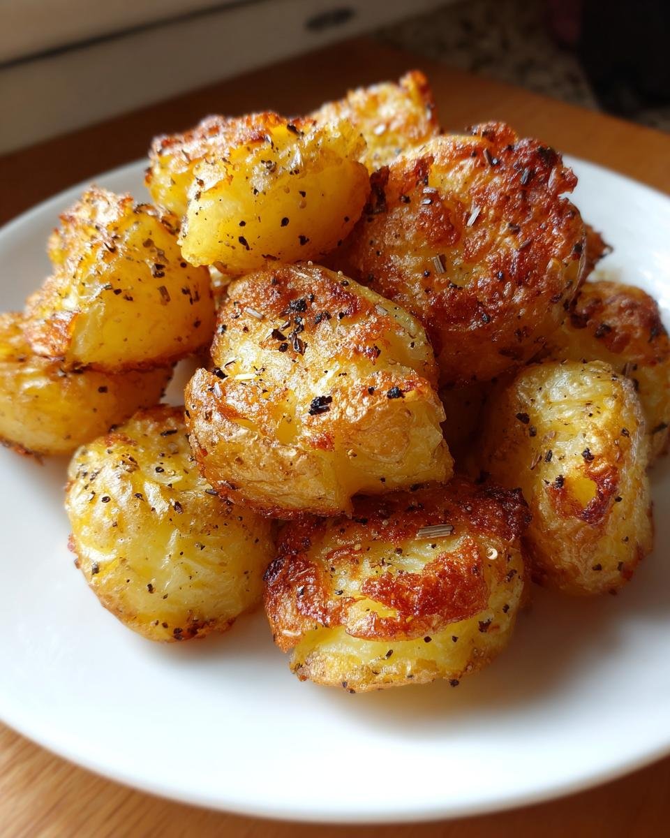 Nahaufnahme von knusprigen Air Fryer Smashed Potatoes, goldbraun und mit Pfeffer gew&uuml;rzt.