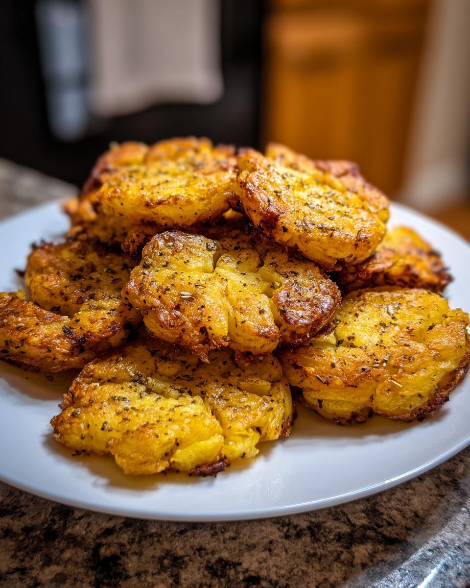 Ein Haufen goldbrauner, knuspriger Air Fryer Smashed Potatoes, gew&uuml;rzt mit Kr&auml;utern, auf einem wei&szlig;en Teller.