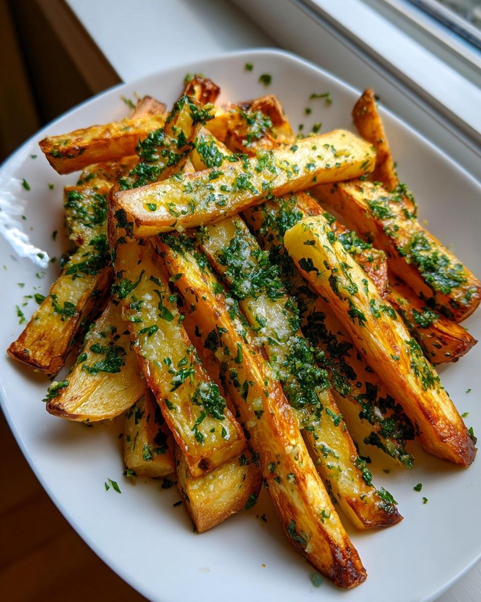 Nahaufnahme von knusprigen Garlic Butter Roasted Parsnips, bestreut mit frischer Petersilie auf einem wei&szlig;en Teller.
