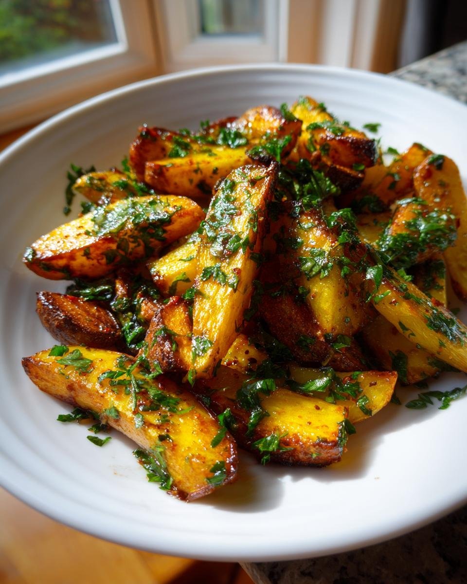 Nahaufnahme von goldbraun ger&ouml;steten Garlic Butter Roasted Parsnips, bestreut mit frischer Petersilie in einer wei&szlig;en Schale.