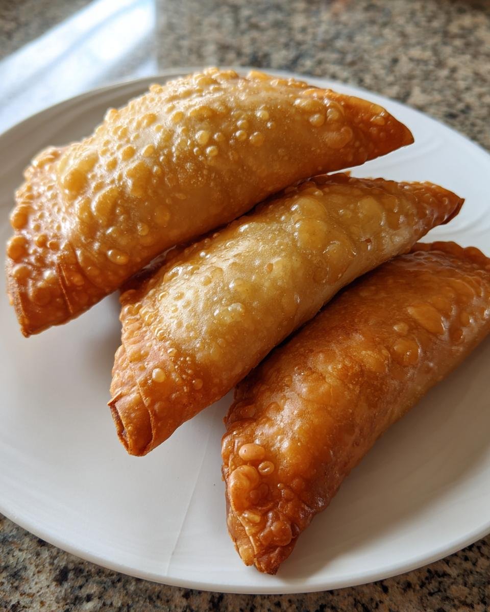 Drei goldbraun frittierte Homemade Samosas mit Blasenstruktur auf einem wei&szlig;en Teller.