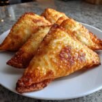 Nahaufnahme von mehreren goldbraun frittierten Homemade Samosas auf einem wei&szlig;en Teller.