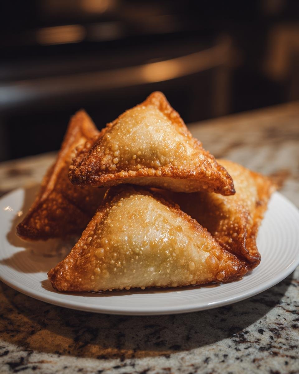 Nahaufnahme von vier goldbraunen, knusprigen Homemade Samosas, gestapelt auf einem wei&szlig;en Teller.