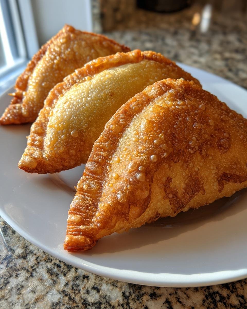 Drei goldbraun frittierte Homemade Samosas liegen auf einem wei&szlig;en Teller, perfekt knusprig.