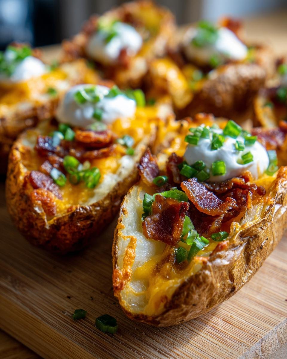 Nahaufnahme von knusprigen Kartoffelschalen, gefüllt mit geschmolzenem Käse, Speckstücken und Sauerrahm.