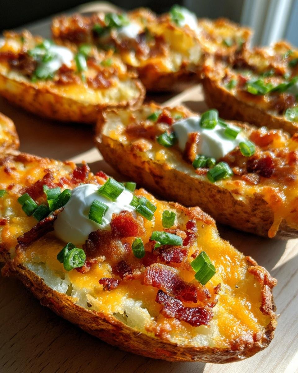 Nahaufnahme von mehreren knusprigen Kartoffelschalen, gefüllt mit geschmolzenem Käse, Speckwürfeln und einem Klecks saurer Sahne.