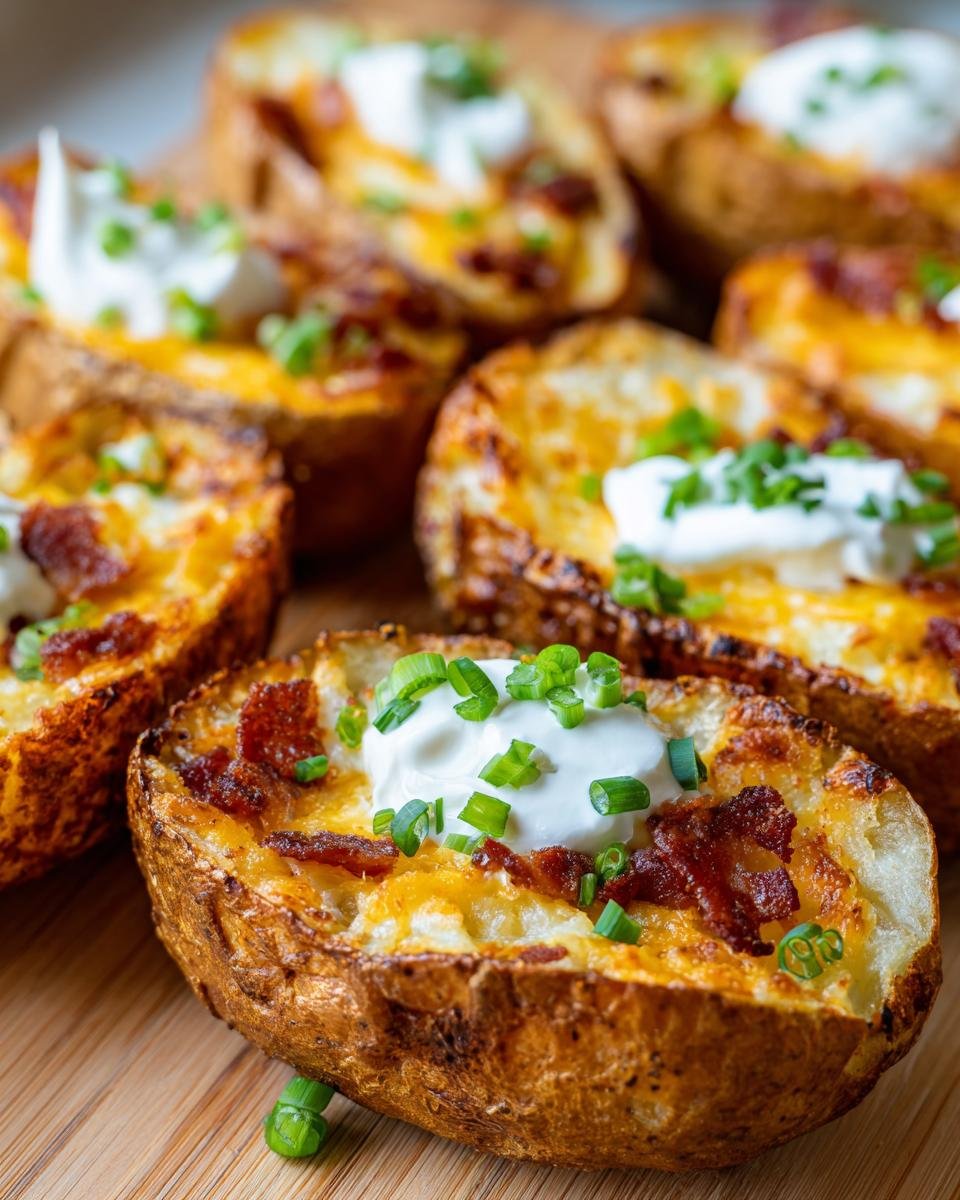 Nahaufnahme von knusprigen Kartoffelhälften, gefüllt mit Käse, Speck und Sauerrahm.