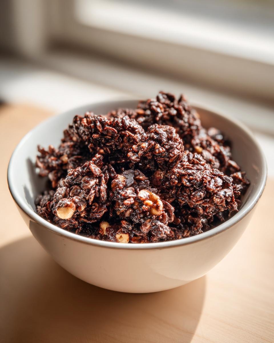 Eine wei&szlig;e Sch&uuml;ssel gef&uuml;llt mit dunklem, knusprigem Chocolate Granola und sichtbaren N&uuml;ssen.