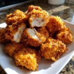 Ein Haufen goldbraun gebackener Cornflake Chicken Nuggets, einige davon aufgeschnitten, um das saftige Innere zu zeigen.