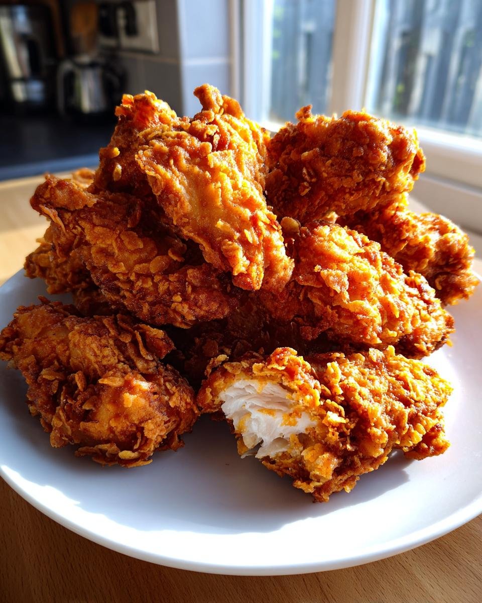 Ein Stapel goldbraunes, knuspriges Cornflake Chicken auf einem weißen Teller, eines ist angebissen.