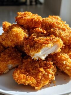 Ein Teller voller goldbraunem Cornflake Chicken, eines Stücks aufgeschnitten zeigt das saftige weiße Fleisch.