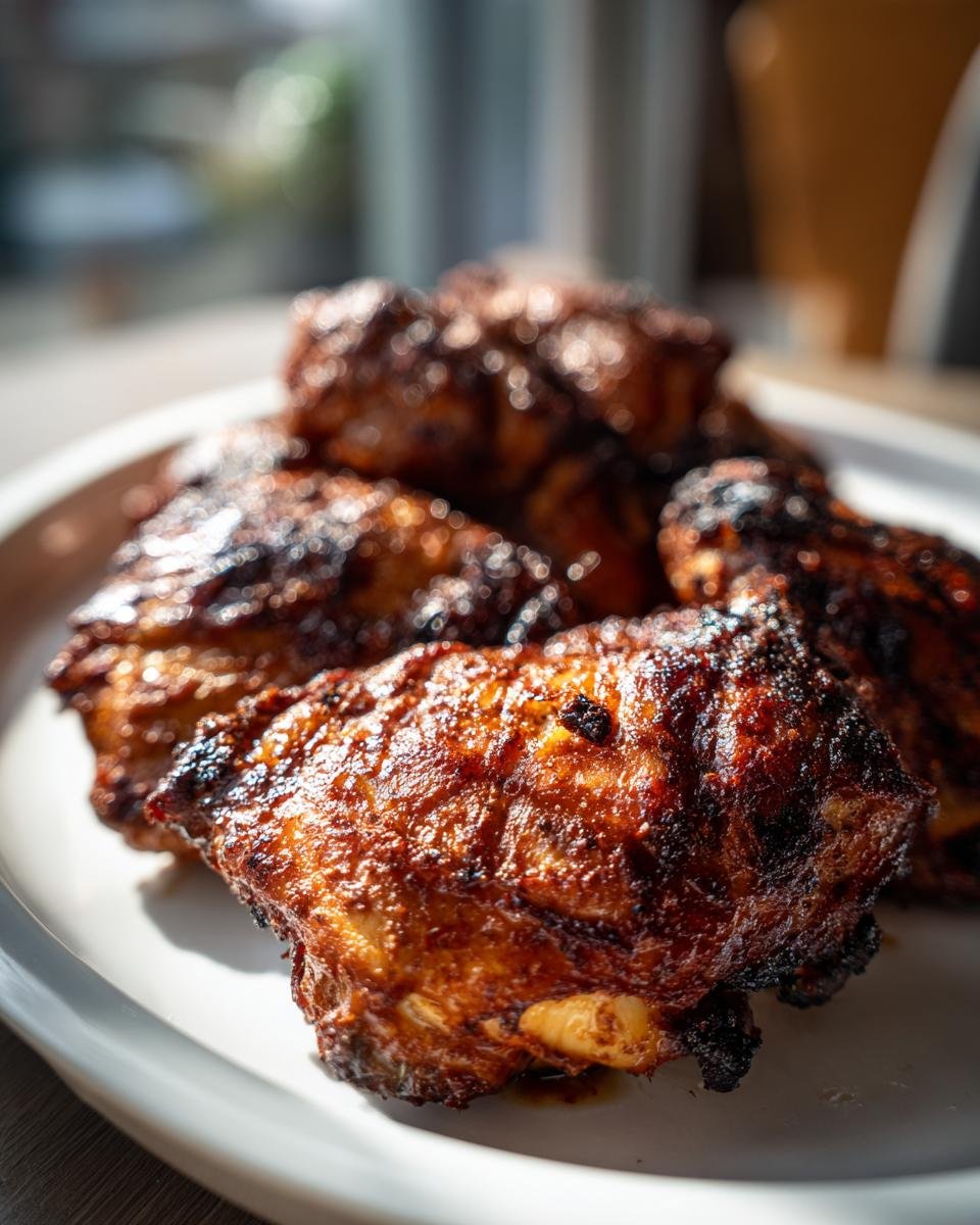 Nahaufnahme von mehreren St&uuml;cken Crispy Air Fryer Chicken mit dunkler, knuspriger Glasur auf einem wei&szlig;en Teller.