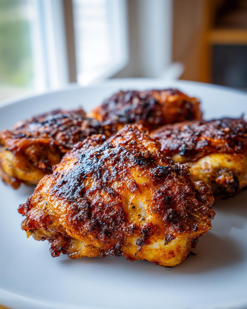 Nahaufnahme von vier St&uuml;cken knusprigem Crispy Air Fryer Chicken mit dunkler, w&uuml;rziger Kruste auf einem wei&szlig;en Teller.