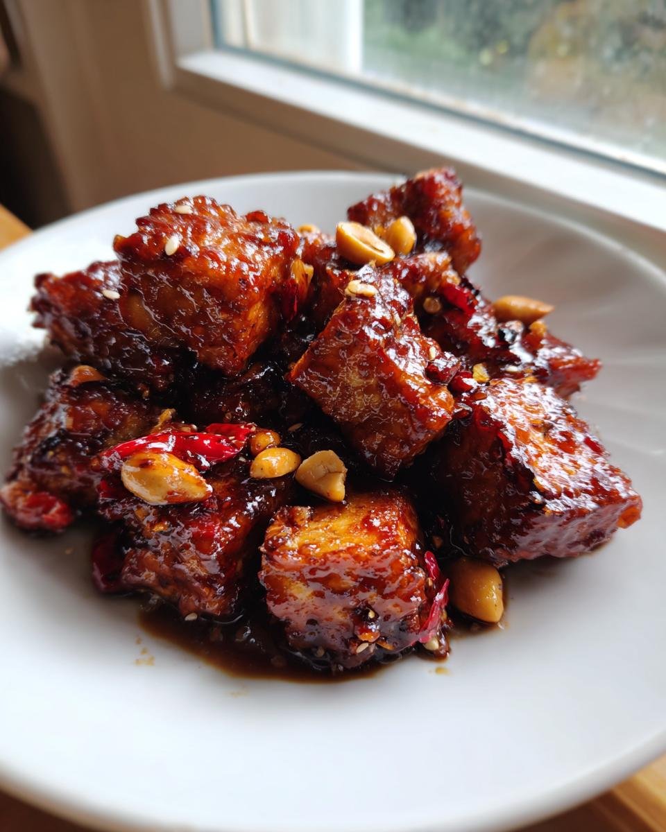 Nahaufnahme von knusprigem Kung Pao Tofu, glasiert mit dunkler Sauce, Erdnüssen und Chili.